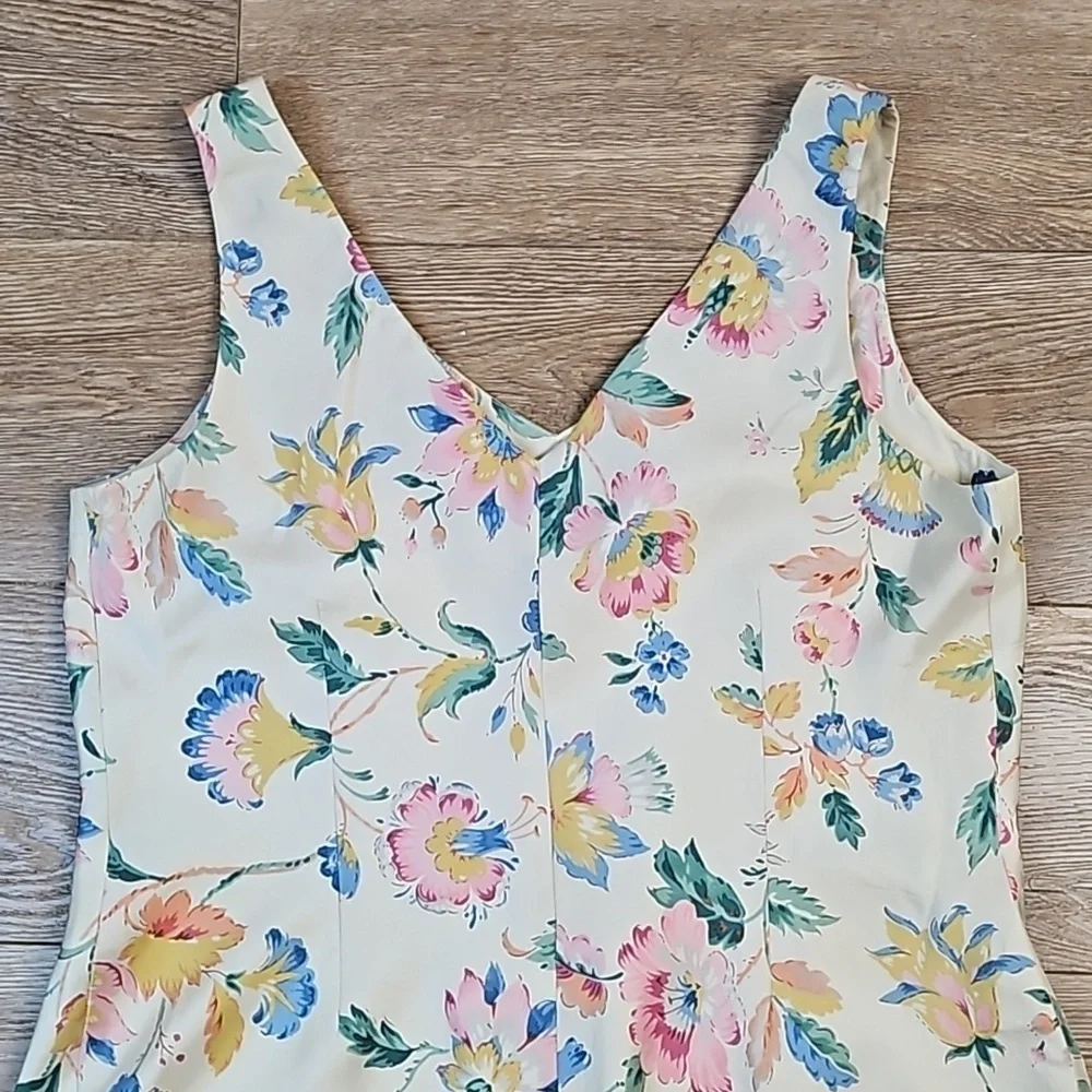 Vintage Ralph Lauren 100% Silk Cream Floral Print Sleeveless V-Neck Slip Dress